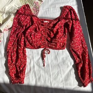 Hollister Red and White Floral Sleeve Crop Blouse